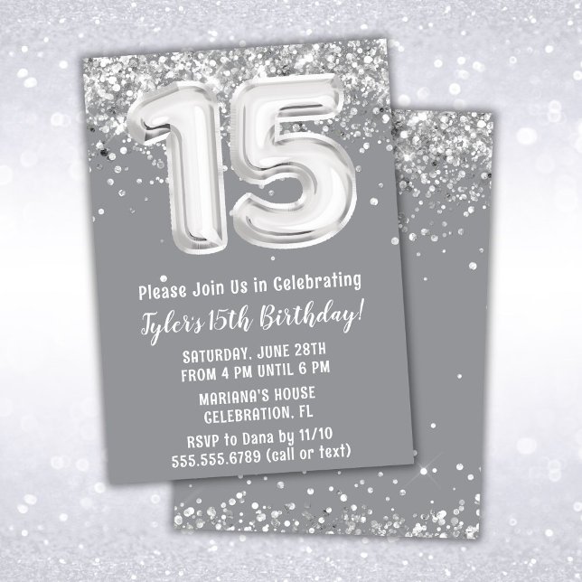 Invitation Gray Silver 15e fête d'anniversaire (Créateur téléchargé)