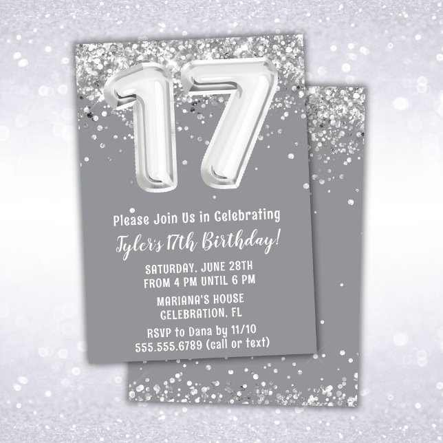 Invitation Gray Silver 17e fête d'anniversaire (Créateur téléchargé)
