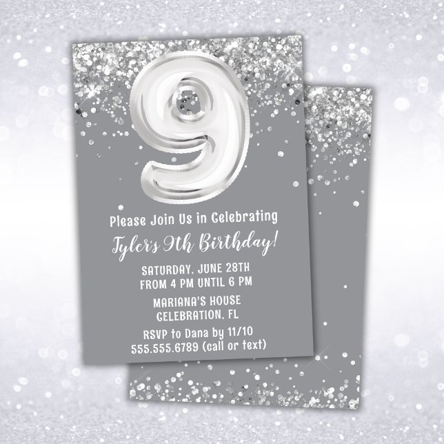Invitation Gray Silver 9e fête d'anniversaire (Créateur téléchargé)