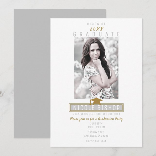 Invitation Gray White & Gold Modern Photo Party Graduation (Devant / Derrière)