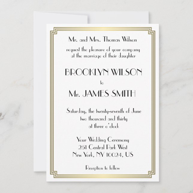 Invitation Great Gatsby Art Déco Gold White Wedding Invite (Devant)