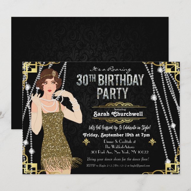 Invitation Great Gatsby Flapper Girl 30e anniversaire Invitat (Devant / Derrière)