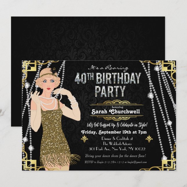 Invitation Great Gatsby Flapper Girl 40e anniversaire Invitat (Devant / Derrière)