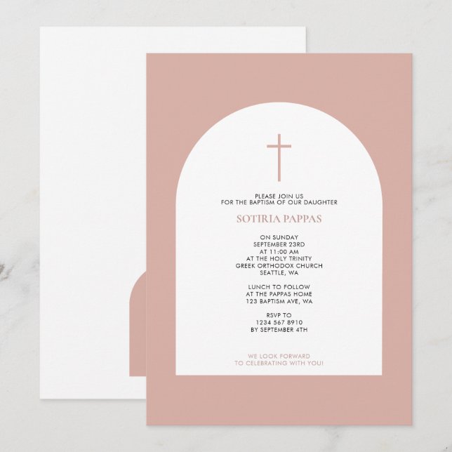 Invitation Grec Orthodoxe Baptême Fille Arc Rose (Devant / Derrière)