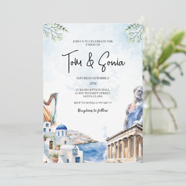 Invitation Grèce Santorin Paysage destination Mariage (Debout devant)