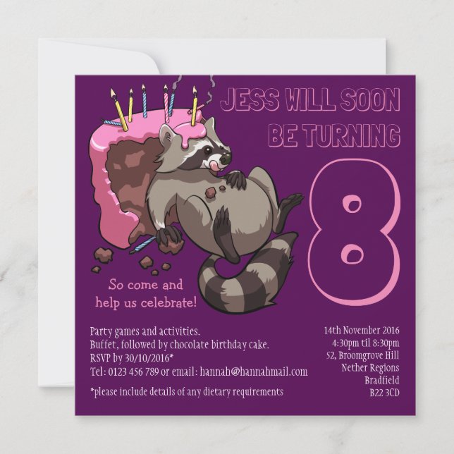 Invitation Greedy Raccoon, fête d'anniversaire, gâteau (Devant)