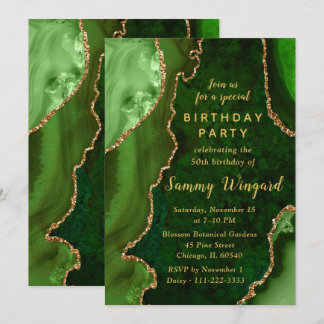 Invitation Green and Gold Agate Marble 50th Birthday Party