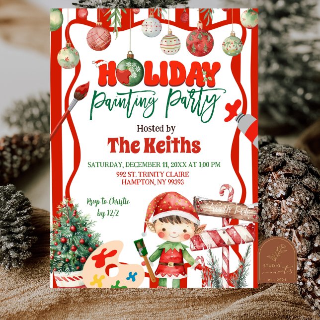 Invitation Green and Red Retro Kid's Holiday Painting Party (Créateur téléchargé)
