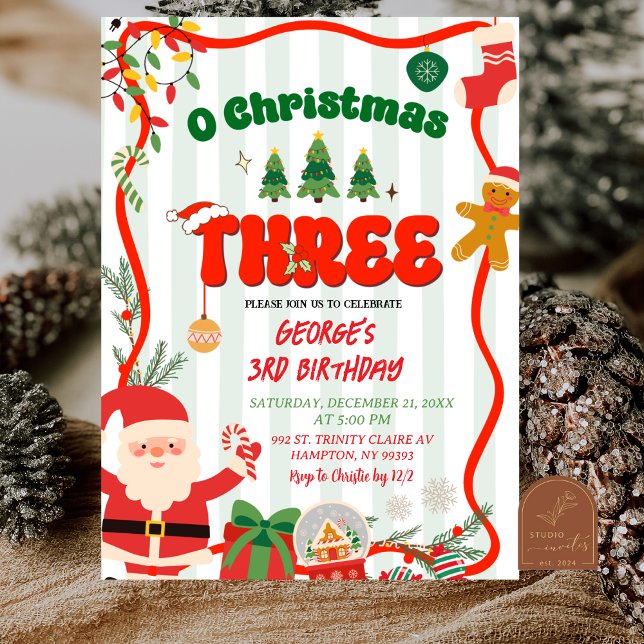 Invitation Green and Red Retro O Christmas Three Birthday (Créateur téléchargé)