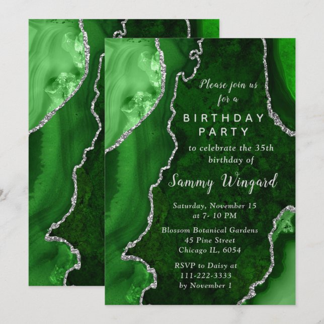 Invitation Green and Silver Agate Marble Birthday Party (Devant / Derrière)