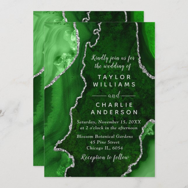 Invitation Green and Silver Agate Marble Wedding (Devant / Derrière)
