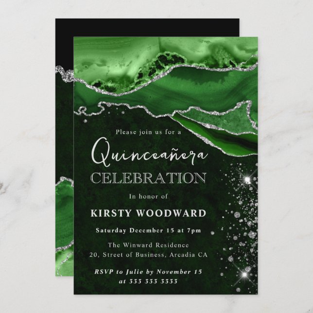 Invitation Green and Silver Glitter Agate Quinceanera (Devant / Derrière)