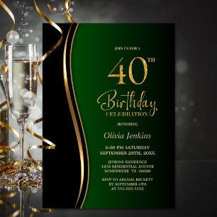 Invitation Green Black Gold 40e fête d'anniversaire