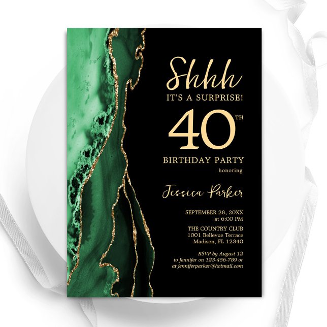 Invitation Green Black Gold Agate Surprise 40e anniversaire (Créateur téléchargé)