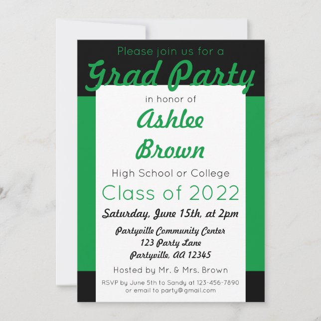 Invitation Green Black Grad Party Gras Graduation (Devant)