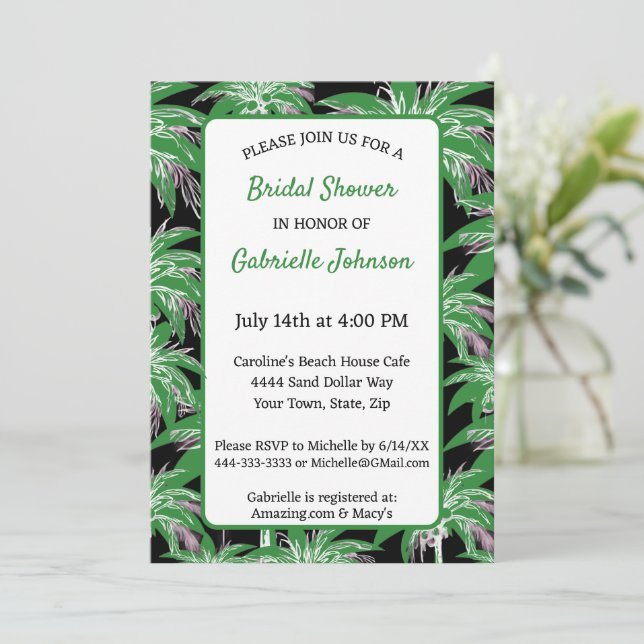 Invitation Green Black Palm Tree Modern Summer Shower Party (Debout devant)