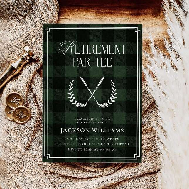 Invitation Green & Black Plaid Golf Retirement Party (Créateur téléchargé)