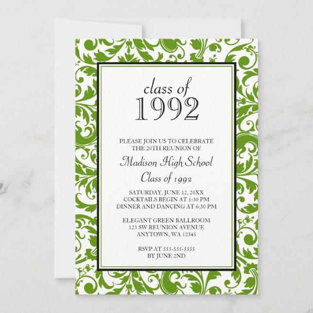 Invitation Green Black Swirl Damask Class Retrouvailles Invit (Devant)