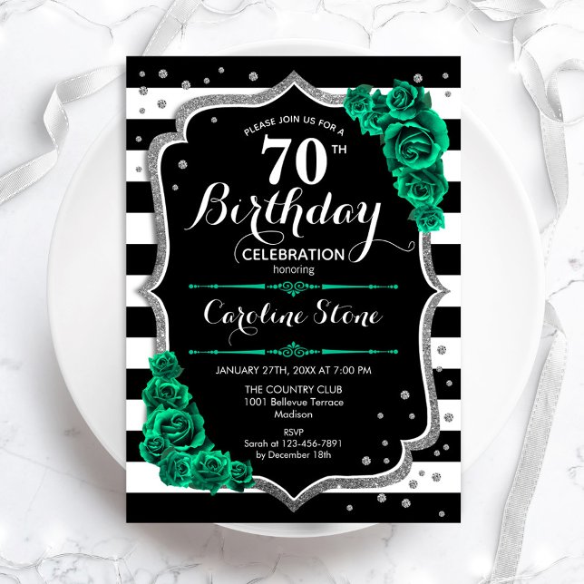Invitation Green Black White Stripes Rose 70e anniversaire (Créateur téléchargé)
