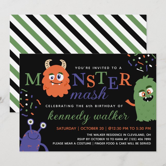 Invitation Green Blue Monster Mash Halloween (Devant / Derrière)