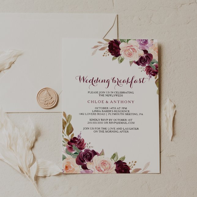 Invitation Green Blush Bourgogne Floral Mariage Petit déjeune (Créateur téléchargé)