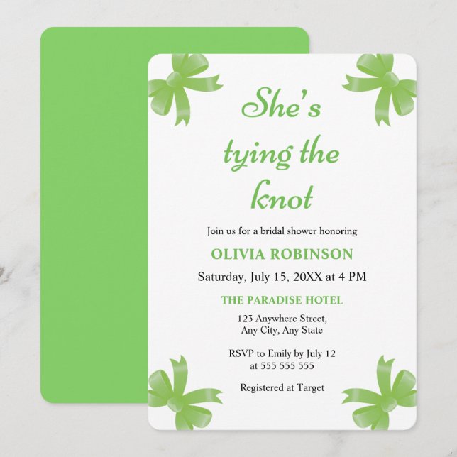 Invitation Green Bow Elle noue la Fête des mariées du noeud (Devant / Derrière)