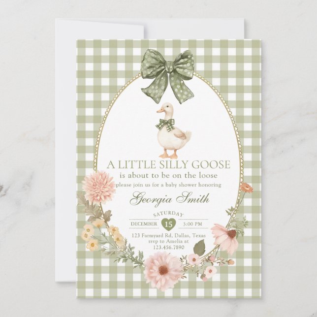 Invitation Green Bow Gingham Silly Goose Baby Shower (Devant)