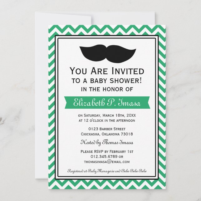 Invitation Green Boy Mustache Baby shower Chevron (Devant)