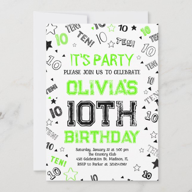 Invitation Green Boy Number Dix Anniversaire (Devant)