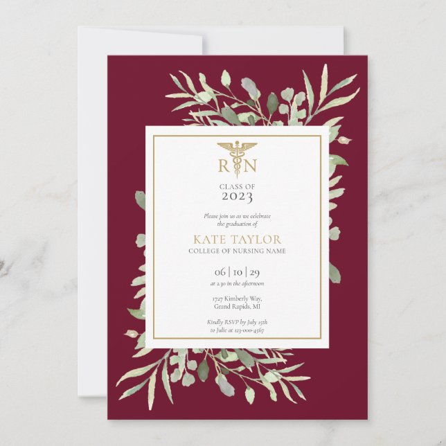 Invitation Green Burgundy RN Nursing Graduation Photo (Devant)