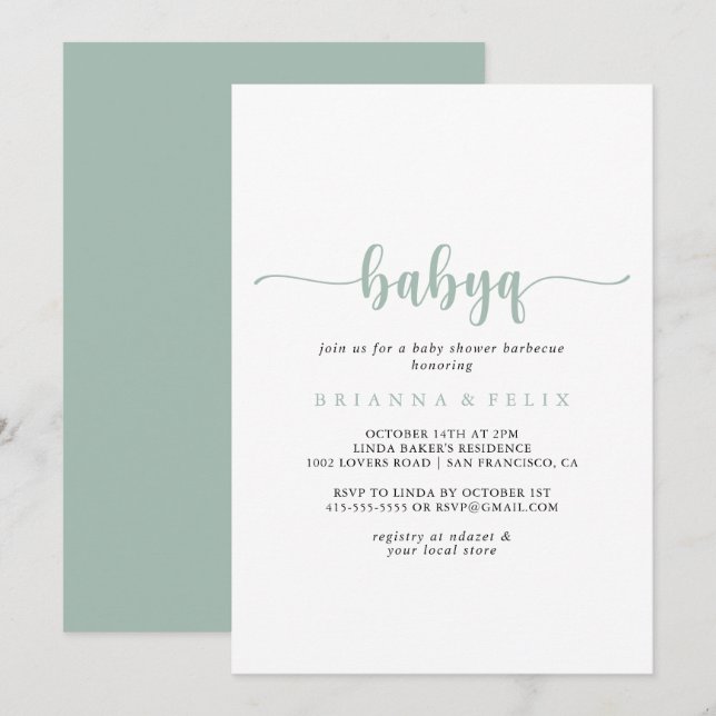 Invitation Green Calligraphy BabyQ Baby shower Barbecue (Devant / Derrière)