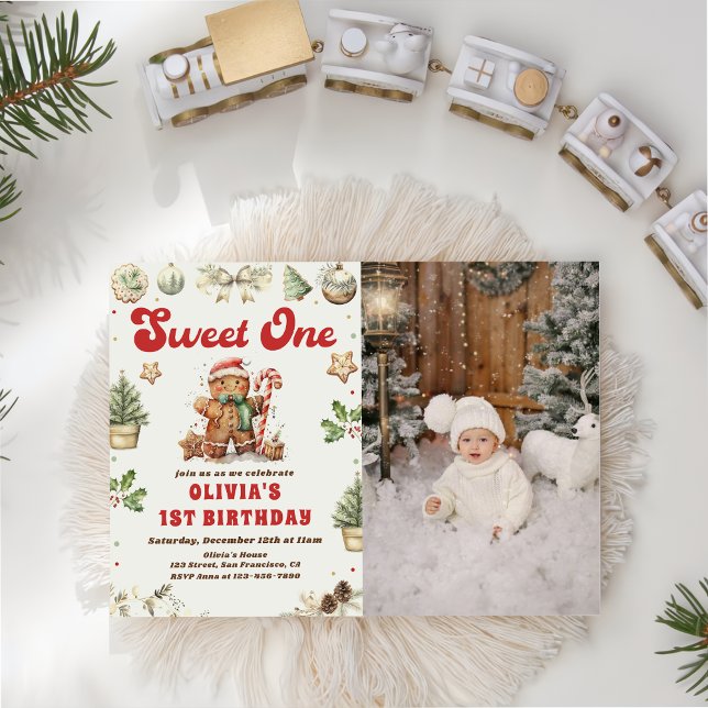 Invitation Green Christmas Cookie Sweet One Birthday Photo (Créateur téléchargé)