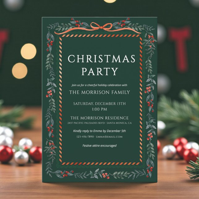 Invitation Green Christmas Party Winter Bow Botanical  (Créateur téléchargé)