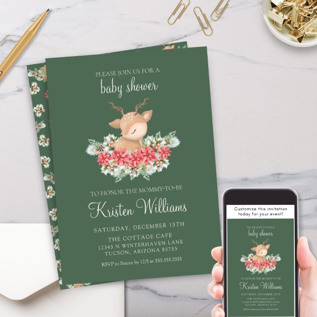 Invitation Green Christmas Poinsettia Little Deer Baby shower (Green Little Deer Christmas Winter Poinsettia Pine Gender Neutral Boy or Girl Baby Shower Invitation)