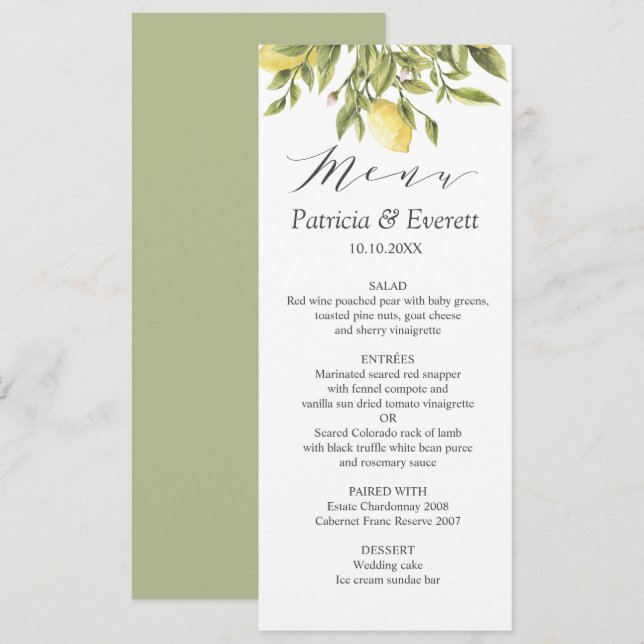 Invitation Green | Citrons et Feuilles Boho chic Mariage (Devant / Derrière)