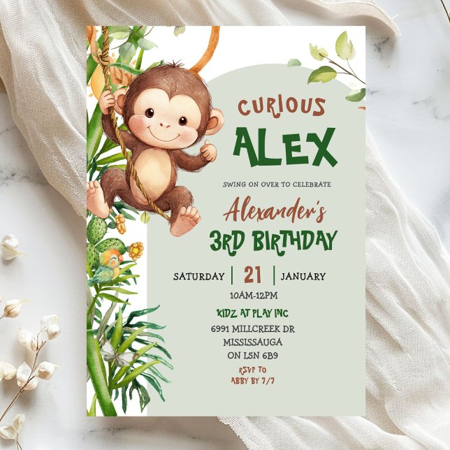 Invitation Green Curious Monkey Safari Theme Birthday (Créateur téléchargé)