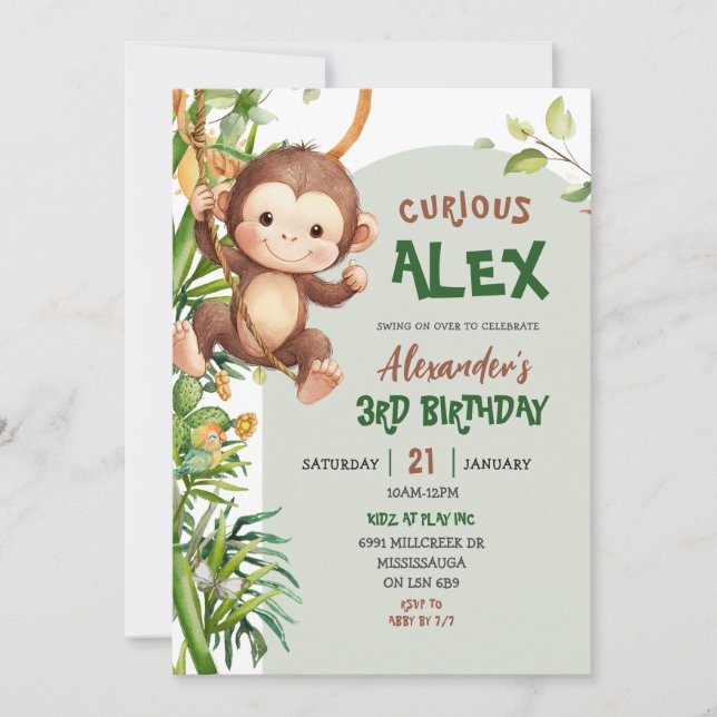Invitation Green Curious Monkey Safari Theme Birthday (Devant)