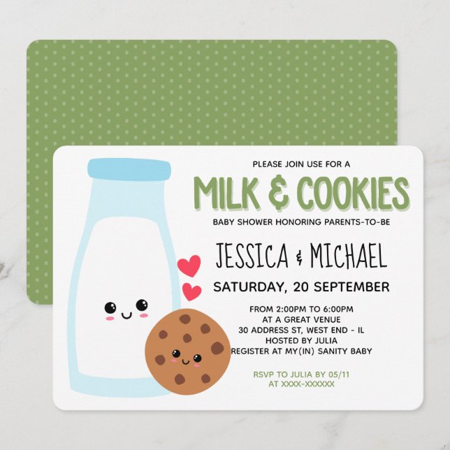 Invitation Green Cute Kawaii Lait Et Baby shower De Cookies (Devant / Derrière)