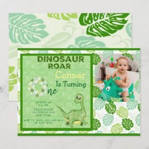 Invitation Green Dinosaur Ajouter Photo Boy 1ère fête d'anniv