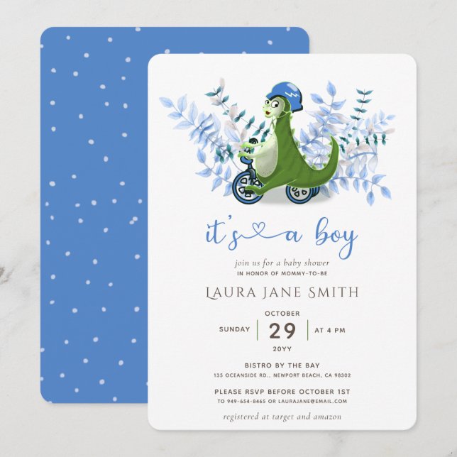 Invitation Green Dinosaur Blue Foliage Trike Boy Baby shower (Devant / Derrière)