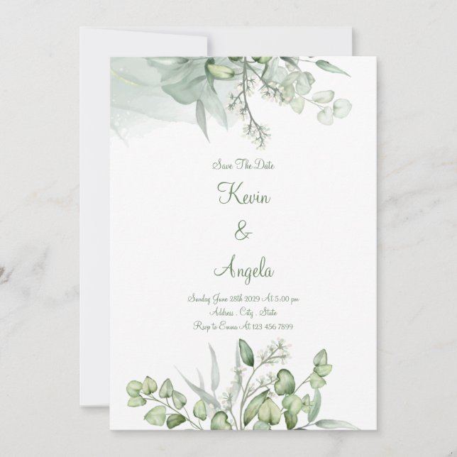 Invitation Green Elegant Floral Économiser Date de Weeding In (Devant)