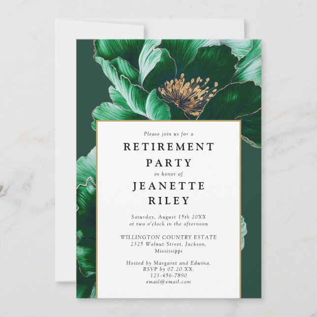 Invitation Green Elegant Floral Retraite Party (Devant)