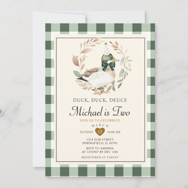 Invitation Green En vichy Boy Duck Duck Deuce 2e anniversaire (Devant)