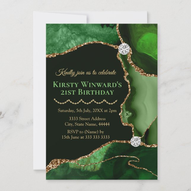 Invitation Green et Gold Faux Parties scintillant Agate Anniv (Devant)