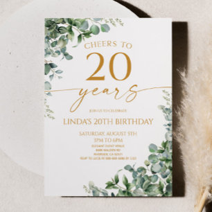 Invitation Green Eucalyptus Gold 20e fête d'anniversaire