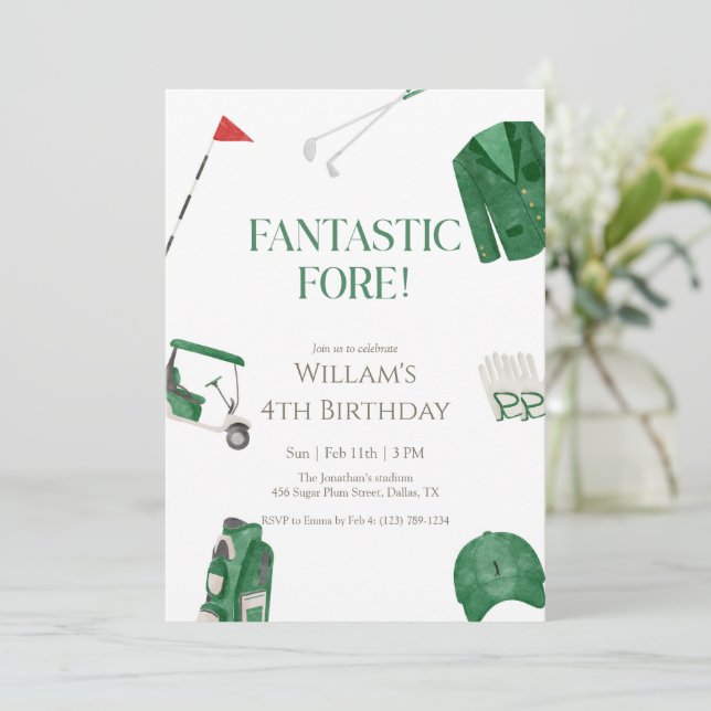 Invitation Green Fantastic Fore Preppy Golf Kids Birthday (Debout devant)