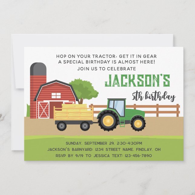 Invitation Green Farm Tracteur fête d'anniversaire, n'importe (Devant)