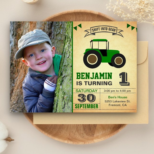 Invitation Green Farm Tractor Enfants Photo Fête d'anniversai (Créateur téléchargé)