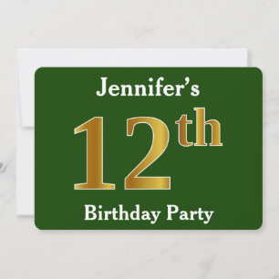 Invitation Green, Faux Gold 12e fête d'anniversaire + Nom per