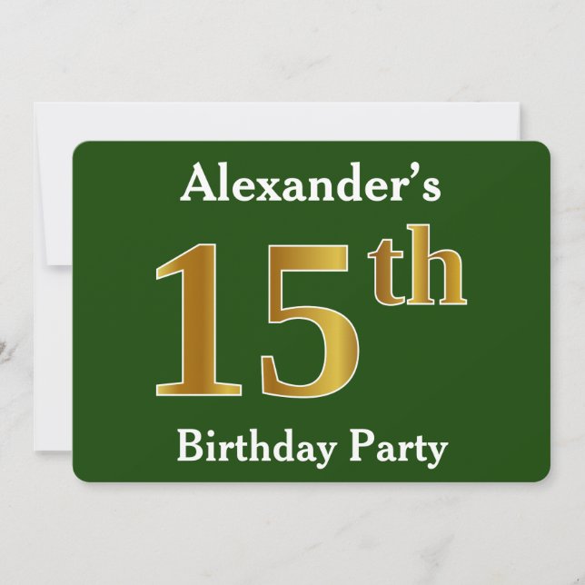 Invitation Green, Faux Gold 15e fête d'anniversaire + Nom per (Devant)